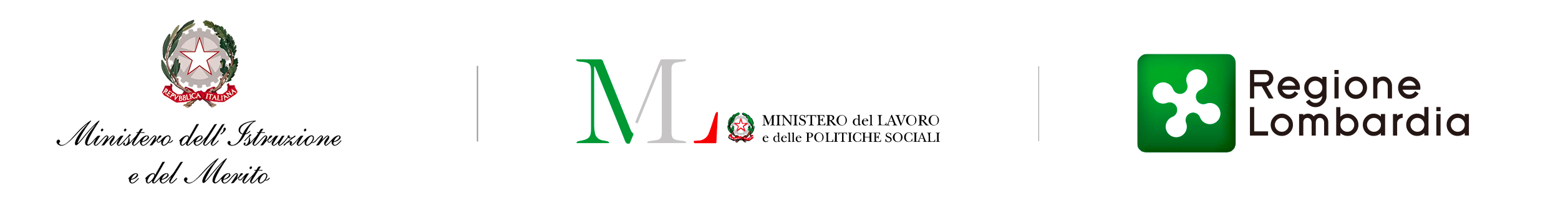 Loghi Ministero dell'Istruzione e del Merito, Ministero del lavoro e delle politiche sociali, Regione Lombardia